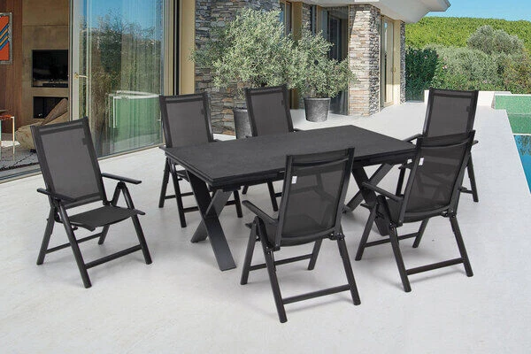 OUTFLEXX Esstischgarnitur, Anthrazit, Alu / Keramik / Textil, 180/280x100cm, 6 Multipositionssessel