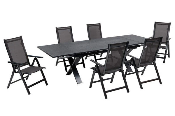 OUTFLEXX Esstischgarnitur, Anthrazit, Alu / Keramik / Textil, 180/280x100cm, 6 Multipositionssessel – Bild 2