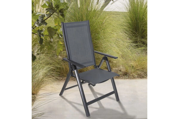 OUTFLEXX Esstischgarnitur, Anthrazit, Alu / Keramik / Textil, 180/280x100cm, 6 Multipositionssessel – Bild 3