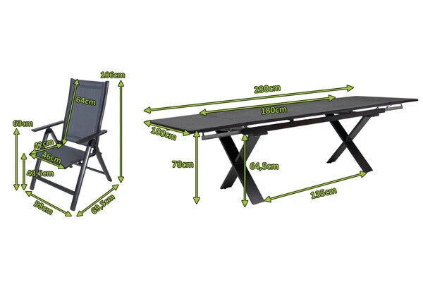 OUTFLEXX Esstischgarnitur, Anthrazit, Alu / Keramik / Textil, 180/280x100cm, 6 Multipositionssessel – Bild 5