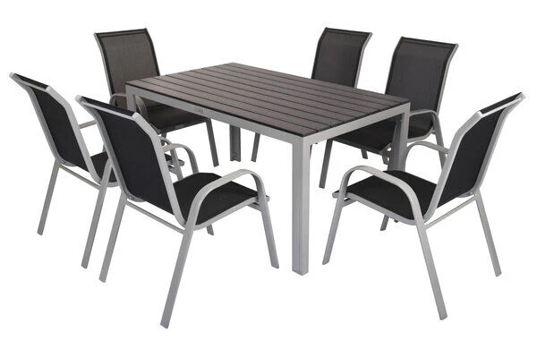 VILLANA Esstischgarnitur, Silber/schwarz, Alu/Holzimitat/Textil, Tisch 150x90cm, 6 Sessel, Stapelbar – Bild 2