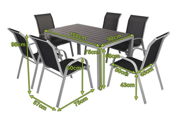 VILLANA Esstischgarnitur, Silber/schwarz, Alu/Holzimitat/Textil, Tisch 150x90cm, 6 Sessel, Stapelbar – Bild 5