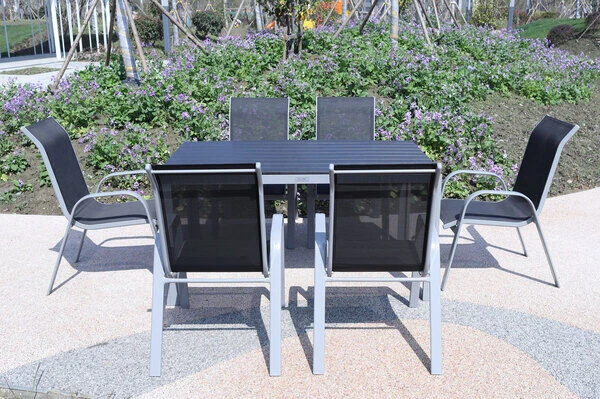 VILLANA Esstischgarnitur, Silber/schwarz, Alu/Holzimitat/Textil, Tisch 150x90cm, 6 Sessel, Stapelbar – Bild 6