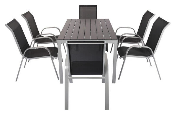 VILLANA Esstischgarnitur, Silber/schwarz, Alu/Holzimitat/Textil, Tisch 150x90cm, 6 Sessel, Stapelbar – Bild 8