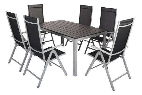 VILLANA Esstischgarnitur, Silber/schwarz, Alu/Holzimitat/Textil, Tisch 150x90cm, 6 Multipositionssessel – Bild 2