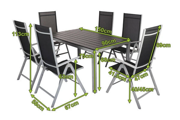 VILLANA Esstischgarnitur, Silber/schwarz, Alu/Holzimitat/Textil, Tisch 150x90cm, 6 Multipositionssessel – Bild 5