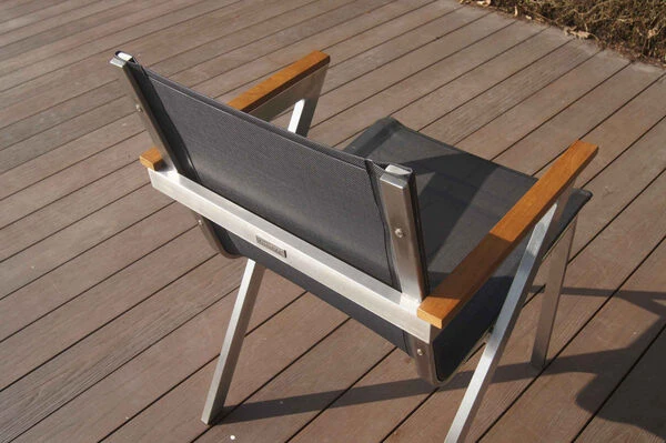 OUTFLEXX Esstischgarnitur, Silber/natur, Edelstahl/Teak/Textil, 200x90 Cm, 6 Stapelsessel, FSC-Teakholz – Bild 11