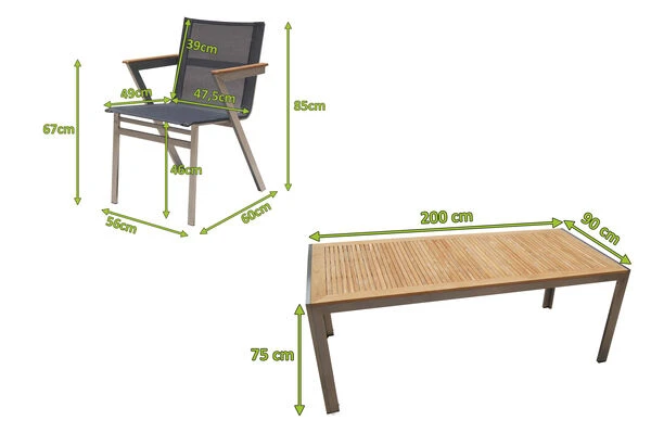 OUTFLEXX Esstischgarnitur, Silber/natur, Edelstahl/Teak/Textil, 200x90 Cm, 6 Stapelsessel, FSC-Teakholz – Bild 5