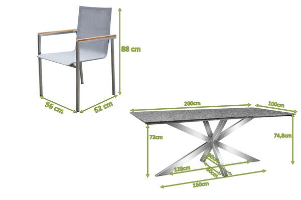 OUTFLEXX Esstischgarnitur, Silber, Edelstahl/Granit/Textilene, 200x100 Cm, 6 Gartensessel, Armlehnen Aus FSC-Teak – Bild 5