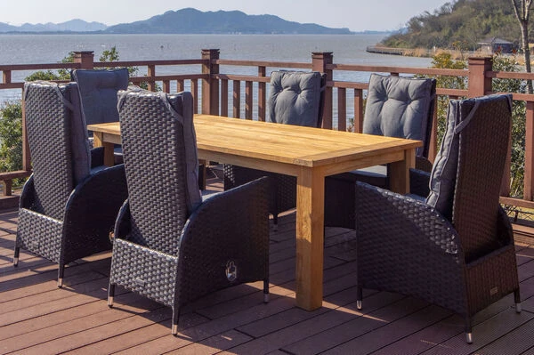 OUTFLEXX Esstischgarnitur, Polyrattan/Teak, Tisch 200x100cm, 6 Sessel, Inkl. Polster