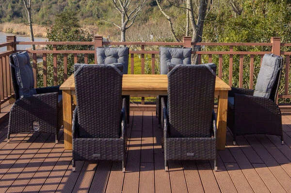 OUTFLEXX Esstischgarnitur, Polyrattan/Teak, Tisch 200x100cm, 6 Sessel, Inkl. Polster – Bild 2