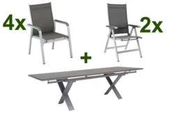 KETTLER BasicPlus Esstischgarnitur, Silber / Anthrazit, Alu / HPL / Textil, Tisch 180/280x100cm, 4 Stapelsessel, 2 Multipo