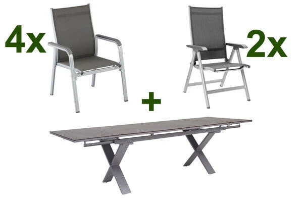 KETTLER BasicPlus Esstischgarnitur, Silber / Anthrazit, Alu / HPL / Textil, Tisch 180/280x100cm, 4 Stapelsessel, 2 Multipo