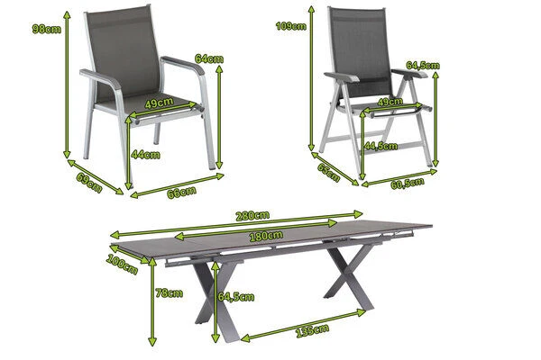 KETTLER BasicPlus Esstischgarnitur, Silber / Anthrazit, Alu / HPL / Textil, Tisch 180/280x100cm, 4 Stapelsessel, 2 Multipo – Bild 5