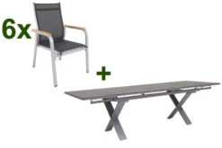 KETTLER Granada Esstischgarnitur, Silber / Anthrazit, Alu / HPL / Teak, Tisch 180/280x100cm, 6 Stapelsessel