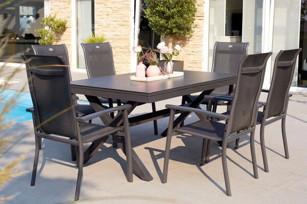 HARTMAN Xanadu / Alice Sitzgruppe, Xerix, Alu/Textilene/Glaskeramik, 6 Stapelsessel, 160/220x100cm