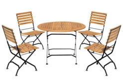 OUTFLEXX Sitzgruppe, Natur/schwarz, Stahl/FSC-Akazienholz, Ø 90 Cm, 4 Klappstühle, Pulverbeschichtet, Geölt