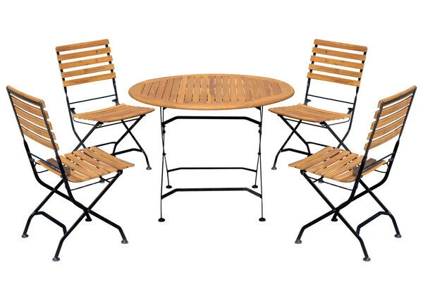 OUTFLEXX Sitzgruppe, Natur/schwarz, Stahl/FSC-Akazienholz, Ø 90 Cm, 4 Klappstühle, Pulverbeschichtet, Geölt