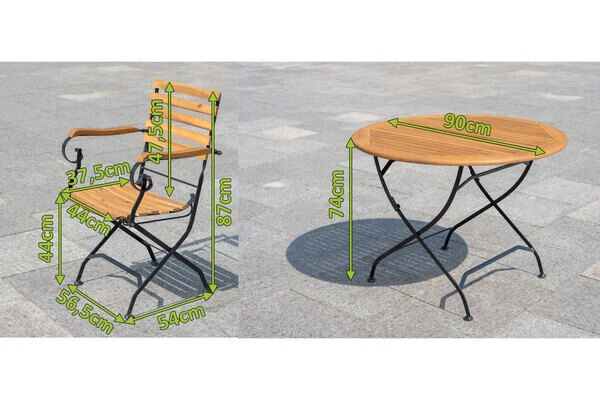 OUTFLEXX Sitzgruppe, Natur/schwarz, Stahl/FSC-Akazienholz, Ø 90 Cm, 2 Klappstühle Mit Armlehnen, Pulverbeschichtet, Geölt – Bild 5