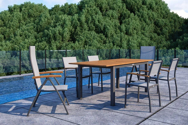 VILLANA Esstischgarnitur, Anthrazit/grau, Alu/ FSC-Akazienholz, Ausziehtisch 150/200 Cm, 4 Stapelstühle, 2 Multipositionssessel