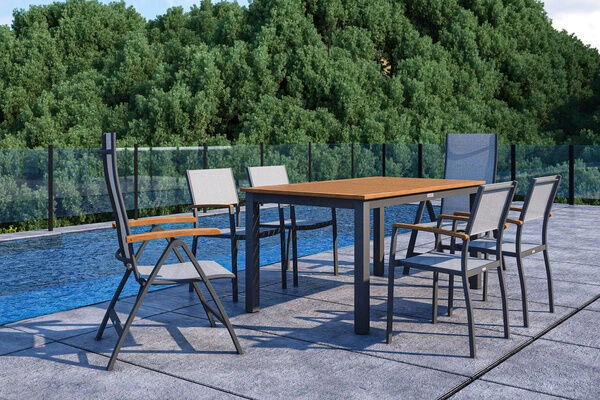 VILLANA Esstischgarnitur, Anthrazit/grau, Alu/ FSC-Akazienholz, Ausziehtisch 150/200 Cm, 4 Stapelstühle, 2 Multipositionssessel – Bild 7