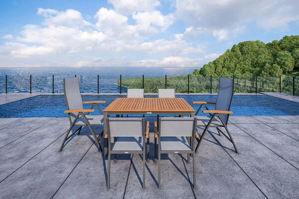 VILLANA Esstischgarnitur, Anthrazit/grau, Alu/ FSC-Akazienholz, Ausziehtisch 150/200 Cm, 4 Stapelstühle, 2 Multipositionssessel – Bild 9