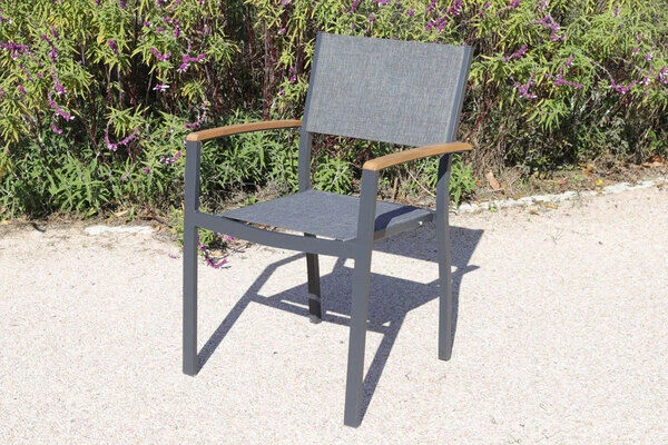 VILLANA Esstischgarnitur, Anthrazit/grau, Alu/ FSC-Akazienholz, Ausziehtisch 150/200 Cm, 4 Stapelstühle, 2 Multipositionssessel – Bild 4