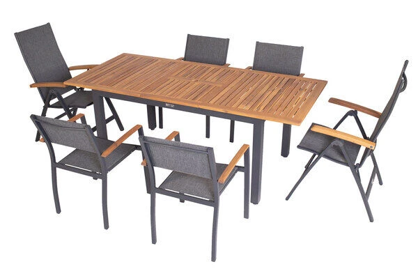 VILLANA Esstischgarnitur, Anthrazit/grau, Alu/ FSC-Akazienholz, Ausziehtisch 150/200 Cm, 4 Stapelstühle, 2 Multipositionssessel – Bild 10