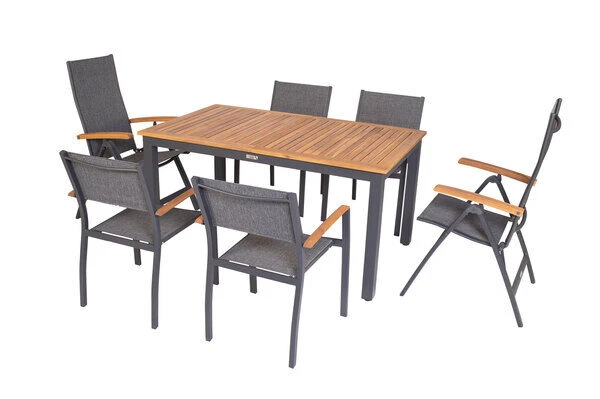 VILLANA Esstischgarnitur, Anthrazit/grau, Alu/ FSC-Akazienholz, Ausziehtisch 150/200 Cm, 4 Stapelstühle, 2 Multipositionssessel – Bild 2