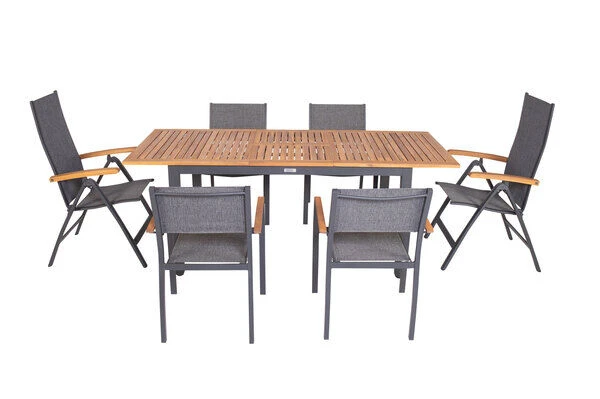 VILLANA Esstischgarnitur, Anthrazit/grau, Alu/ FSC-Akazienholz, Ausziehtisch 150/200 Cm, 4 Stapelstühle, 2 Multipositionssessel – Bild 11