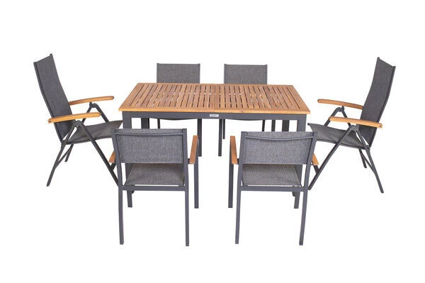 VILLANA Esstischgarnitur, Anthrazit/grau, Alu/ FSC-Akazienholz, Ausziehtisch 150/200 Cm, 4 Stapelstühle, 2 Multipositionssessel – Bild 12