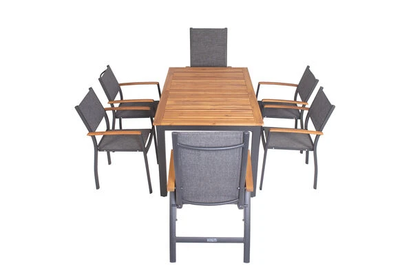 VILLANA Esstischgarnitur, Anthrazit/grau, Alu/ FSC-Akazienholz, Ausziehtisch 150/200 Cm, 4 Stapelstühle, 2 Multipositionssessel – Bild 14