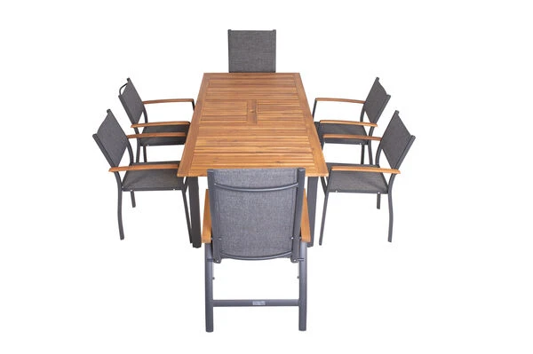 VILLANA Esstischgarnitur, Anthrazit/grau, Alu/ FSC-Akazienholz, Ausziehtisch 150/200 Cm, 4 Stapelstühle, 2 Multipositionssessel – Bild 13