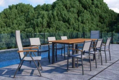 VILLANA Esstischgarnitur, Anthrazit/grau, Alu/ FSC-Akazienholz, Ausziehtisch 150/200 Cm, 6 StapelstĂĽhle, 2 Multipositionssessel