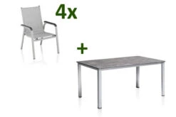 KETTLER Cubic/ Basic Plus Padded Esstischgarnitur, Silber/anthrazit/hellgrau, Alu/Textilene, Tisch 160x90 Cm, 4 Stapelsessel