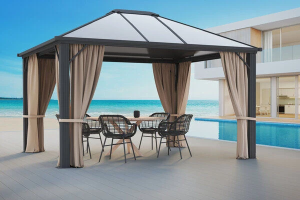 OUTFLEXX Profi Hardtop Pavillon, Grau, Aluminium, 3 X 3,6m Mit Seitenteilen Und Insektennetz – Bild 2