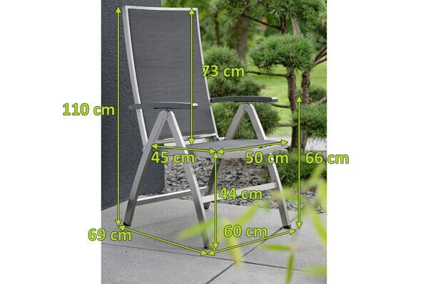 STERN Cardiff Klappsessel, Silbergrau, Edelstahl/Textil/Aluminiumarmlehnen, 69x60x110 Cm, Rückenlehne Verstellbar, Klappbar – Bild 2