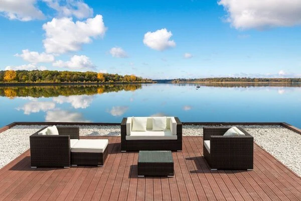 OUTFLEXX Loungemöbel-Set, Polyrattan, Braun Marmoriert, 5 Pers, Wasserfeste Kissenbox, Inkl. Beistelltisch – Bild 2