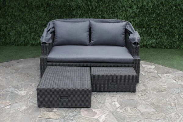 OUTFLEXX Fontana Loungebett, Grau, Polyrattan, Doppel-halbrund, Mit Unterschiebbaren Hockern, Dach Klappbar – Bild 2