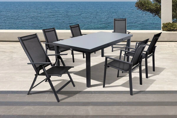 OUTFLEXX Premium Esstischgarnitur, OUTFLEXX® Anthrazit Matt, Alu/Textilene, Tisch 180/240x100cm, 4 Stapel-, 2 Multipositionssessel – Bild 2