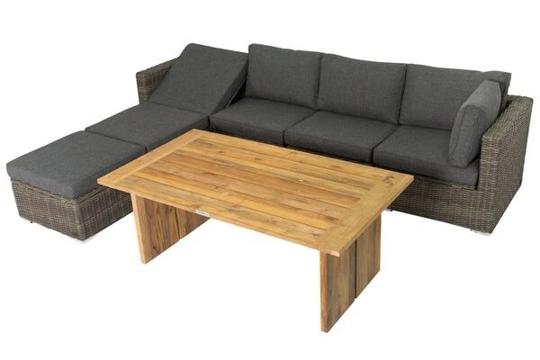 OUTFLEXX Loungegarnitur, Polyrattan/Teakholz, Tisch 160x90cm, Für 6 Personen, Wasserfeste Kissenbox – Bild 2