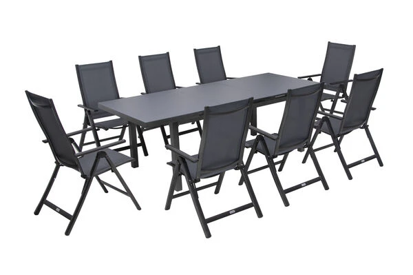 OUTFLEXX Premium Esstischgarnitur, Anthrazit/grau, Alu/Textilene, Ausziehtisch 180/240x100cm, 8 Multipositionssessel – Bild 2
