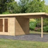 KARIBU Gartenhaus Radeburg 1, Naturbelassen, Fichtenholz 40mm, 664 X 309 X 229,5 Cm, Pultdach, Anbau 3,3m