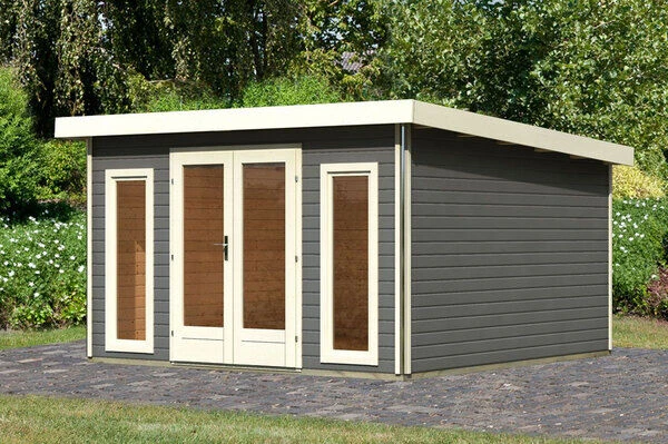 KARIBU Gartenhaus Radeburg 3, Terragrau, Fichtenholz 40mm, 406 X 369 X 229,5 Cm, Pultdach, Inkl. 2 Drehkippfenster