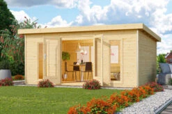 KARIBU Gartenhaus Radeburg 4, Naturbelassen, Fichtenholz 40mm, 528 X 368 X 231 Cm, Flachdach, Inkl. 2 Drehkippfenster