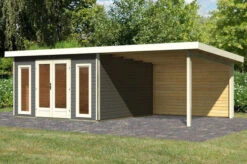 KARIBU Gartenhaus Radeburg 3, Terragrau, Fichtenholz 40mm, 724 X 369 X 229,5 Cm, Pultdach, Anbau 3,3m Mit Rückwand