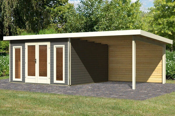KARIBU Gartenhaus Radeburg 3, Terragrau, Fichtenholz 40mm, 724 X 369 X 229,5 Cm, Pultdach, Anbau 3,3m Mit Rückwand