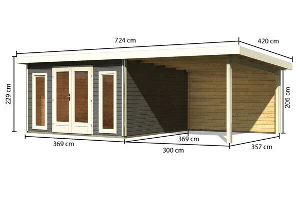 KARIBU Gartenhaus Radeburg 3, Terragrau, Fichtenholz 40mm, 724 X 369 X 229,5 Cm, Pultdach, Anbau 3,3m Mit Rückwand – Bild 5