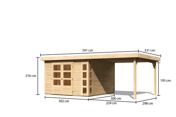 KARIBU Gartenhaus Kerko 6, Naturbelassen, Fichtenholz 19mm, 334 X 306 X 216 Cm, Flachdach, Anbau 2,8m – Bild 5