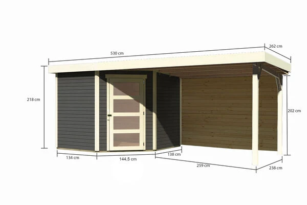 KARIBU Gartenhaus Schwandorf 5, Terragrau, Fichtenholz 19mm, 530 X 246 X 218 Cm, Flachdach, Anbau 2,8m Mit Rückwand – Bild 5